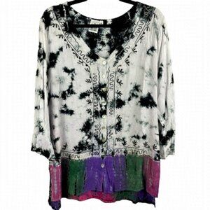 Parsley&Sage Black White Tie Dye Multi Colour Hem Embroidered Button